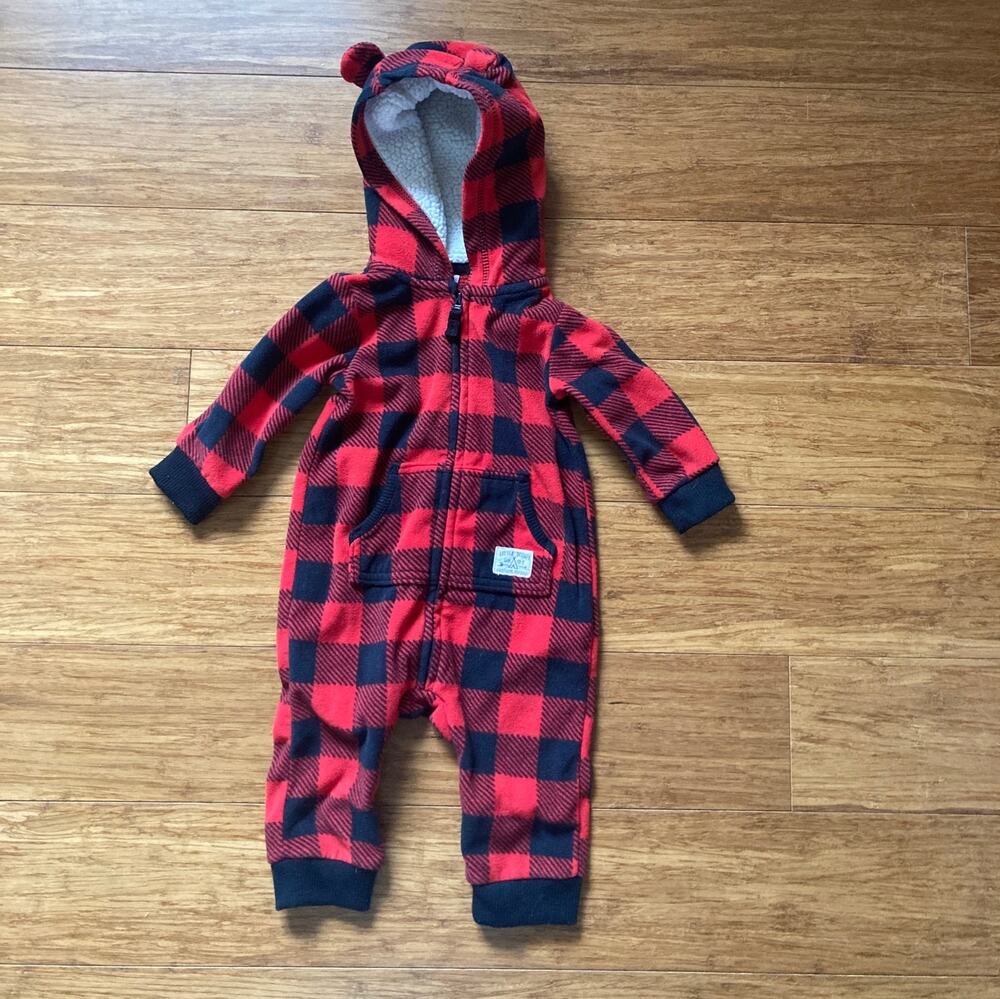 Carter’s Red & Black Plaid “Little Scout” Fleece One Piece, Size 6M